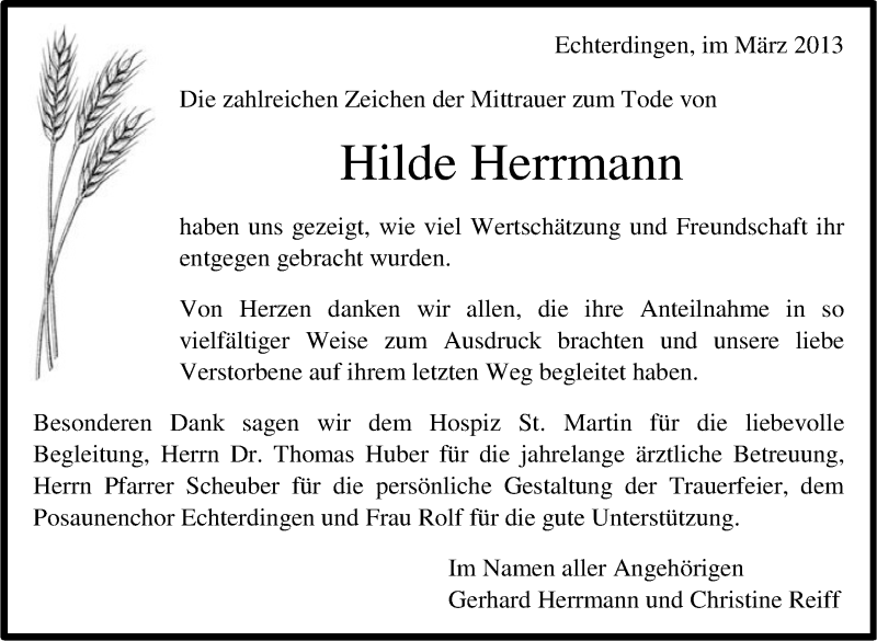  Traueranzeige für Hilde Herrmann vom 08.03.2013 aus Stuttgarter Zeitung / Stuttgarter Nachrichten