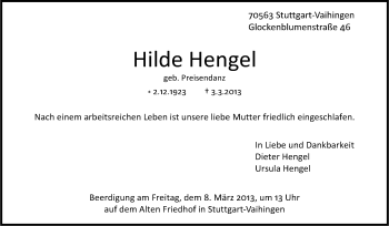 Traueranzeige von Hilde Hengel von Stuttgarter Zeitung / Stuttgarter Nachrichten