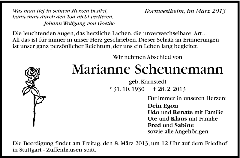  Traueranzeige für Marianne Scheunemann vom 06.03.2013 aus Stuttgarter Zeitung / Stuttgarter Nachrichten