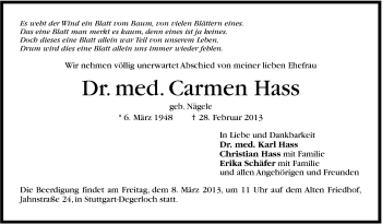 Traueranzeige von Carmen Hass von Stuttgarter Zeitung / Stuttgarter Nachrichten