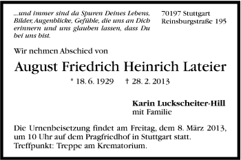 Traueranzeige von August Friedrich Heinrich Lateier von Stuttgarter Zeitung / Stuttgarter Nachrichten