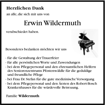 Traueranzeige von Erwin Wildermuth von Stuttgarter Zeitung / Stuttgarter Nachrichten