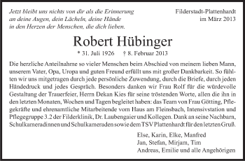 Traueranzeige von Robert Hübinger von Stuttgarter Zeitung / Stuttgarter Nachrichten