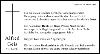 Traueranzeige von Alfred Geis von Stuttgarter Zeitung / Stuttgarter Nachrichten