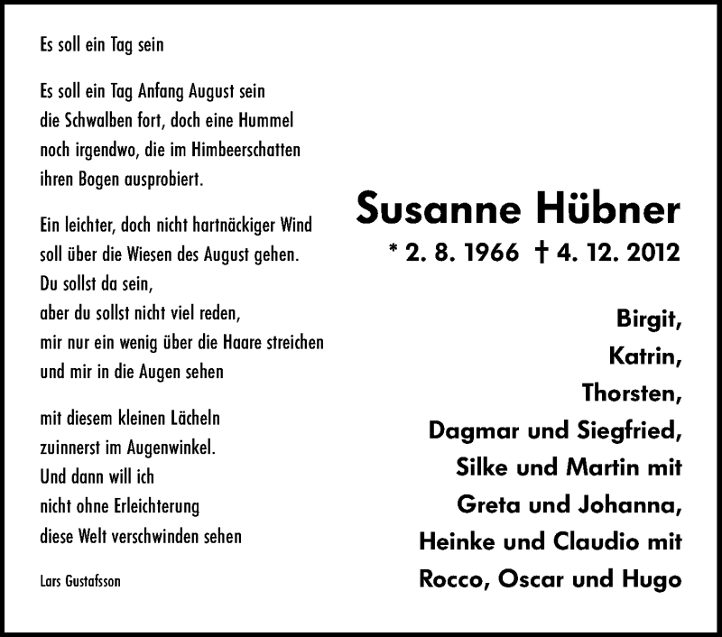  Traueranzeige für Susanne Hübner vom 07.03.2013 aus Stuttgarter Zeitung / Stuttgarter Nachrichten