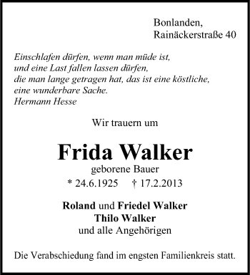 Traueranzeige von Frida Walker von Stuttgarter Zeitung / Stuttgarter Nachrichten