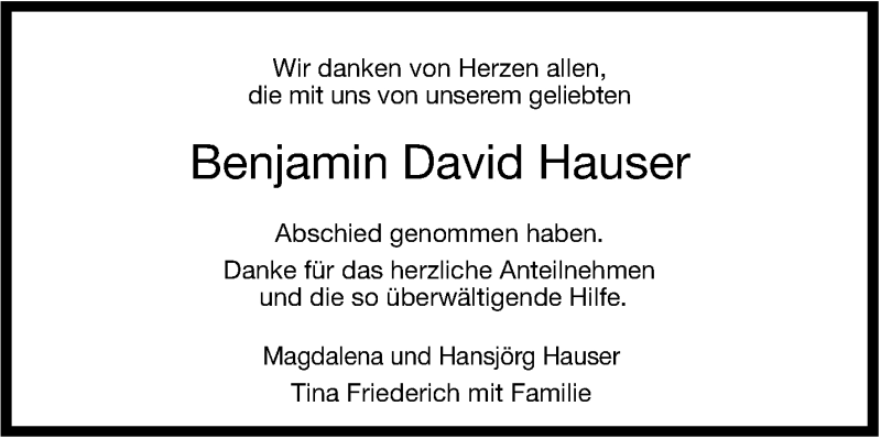  Traueranzeige für Benjamin David Hauser vom 09.03.2013 aus Stuttgarter Zeitung / Stuttgarter Nachrichten
