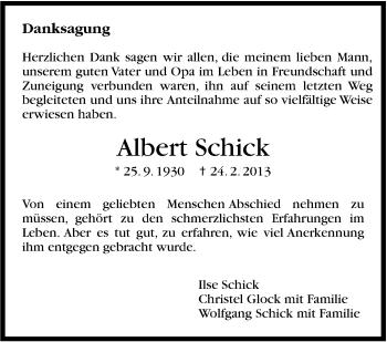 Traueranzeige von Albert Schick von Stuttgarter Zeitung / Stuttgarter Nachrichten