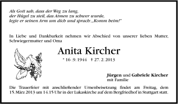 Traueranzeige von Anita Kircher von Stuttgarter Zeitung / Stuttgarter Nachrichten