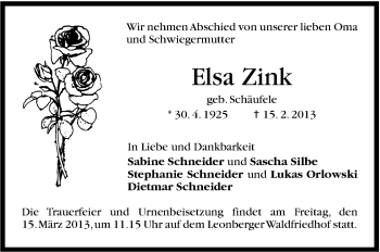 Traueranzeige von Elsa Zink von Stuttgarter Zeitung / Stuttgarter Nachrichten