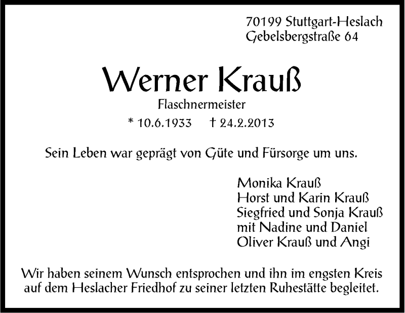  Traueranzeige für Werner Krauß vom 16.03.2013 aus Stuttgarter Zeitung / Stuttgarter Nachrichten