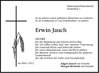 Traueranzeige von Erwin Jauch von Stuttgarter Zeitung / Stuttgarter Nachrichten