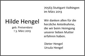 Traueranzeige von Hilde Hengel von Stuttgarter Zeitung / Stuttgarter Nachrichten