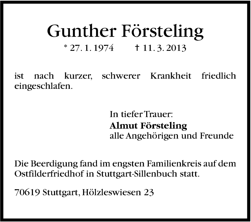  Traueranzeige für Gunther Försteling vom 16.03.2013 aus Stuttgarter Zeitung / Stuttgarter Nachrichten