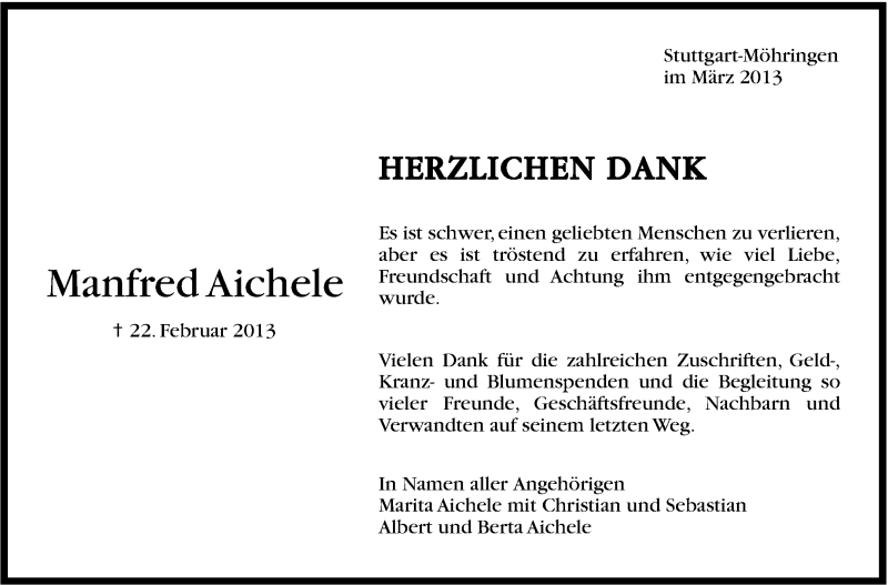  Traueranzeige für Manfred Aichele vom 15.03.2013 aus Stuttgarter Zeitung / Stuttgarter Nachrichten