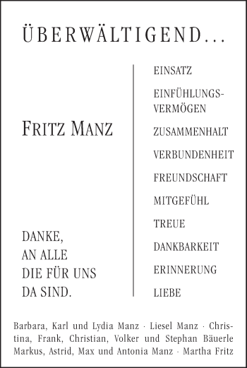 Traueranzeige von Fritz Manz von Stuttgarter Zeitung / Stuttgarter Nachrichten