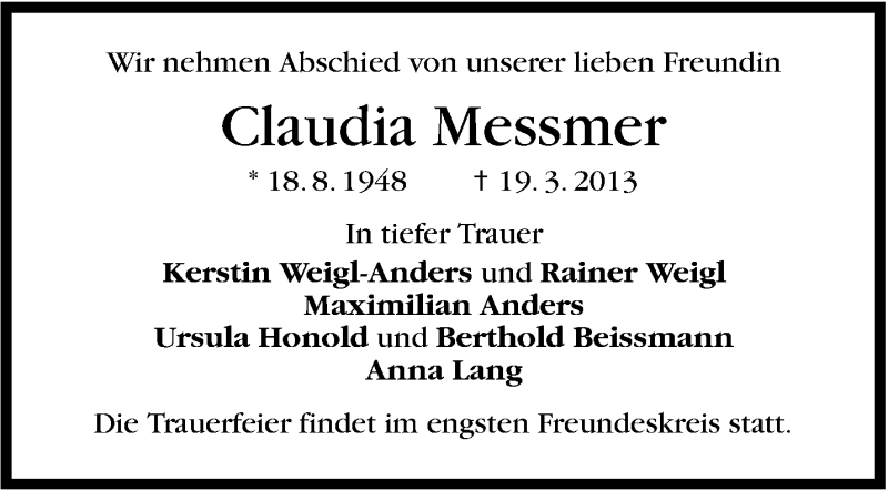  Traueranzeige für Claudia Messmer vom 23.03.2013 aus Stuttgarter Zeitung / Stuttgarter Nachrichten