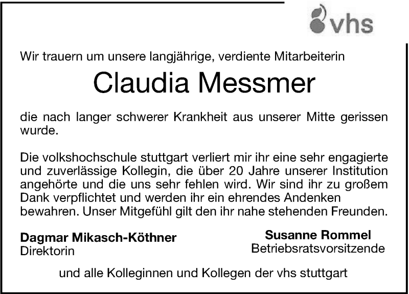  Traueranzeige für Claudia Messmer vom 28.03.2013 aus Stuttgarter Zeitung / Stuttgarter Nachrichten