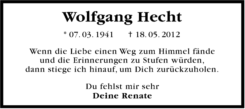  Traueranzeige für Wolfgang Hecht vom 18.05.2013 aus Stuttgarter Zeitung / Stuttgarter Nachrichten