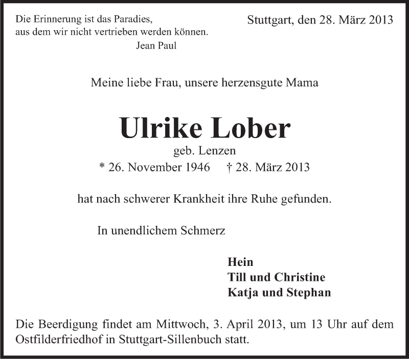 Traueranzeige für Ulrike Lober vom 30.03.2013 aus Stuttgarter Zeitung / Stuttgarter Nachrichten