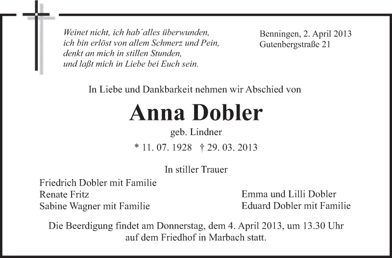  Traueranzeige für Anna Dobler vom 02.04.2013 aus Marbacher Zeitung