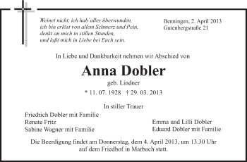 Traueranzeige von Anna Dobler von Marbacher Zeitung