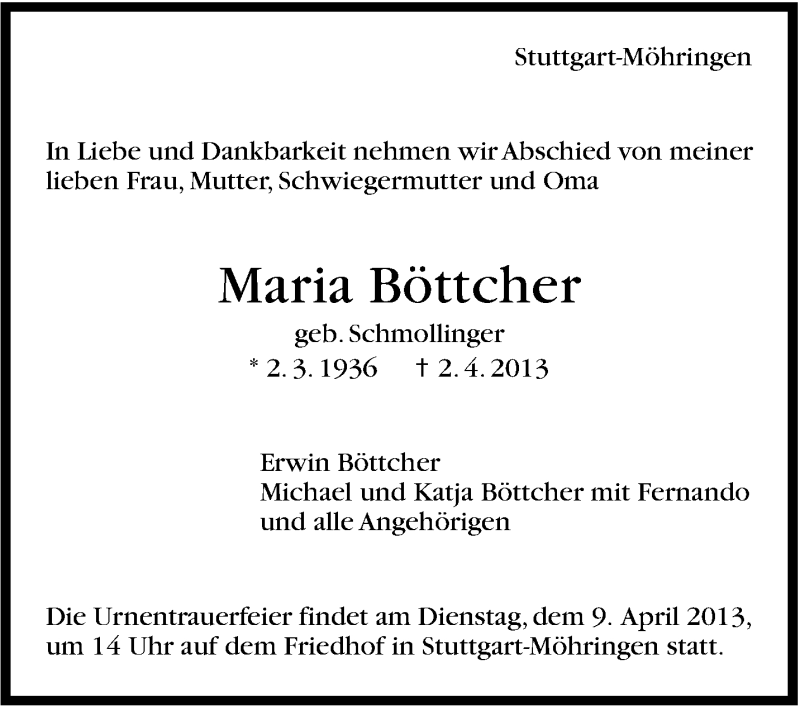  Traueranzeige für Maria Böttcher vom 04.04.2013 aus Stuttgarter Zeitung / Stuttgarter Nachrichten