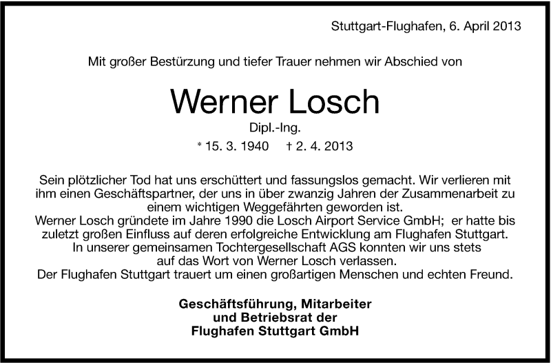  Traueranzeige für Werner Losch vom 06.04.2013 aus Stuttgarter Zeitung / Stuttgarter Nachrichten