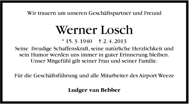  Traueranzeige für Werner Losch vom 06.04.2013 aus Stuttgarter Zeitung / Stuttgarter Nachrichten