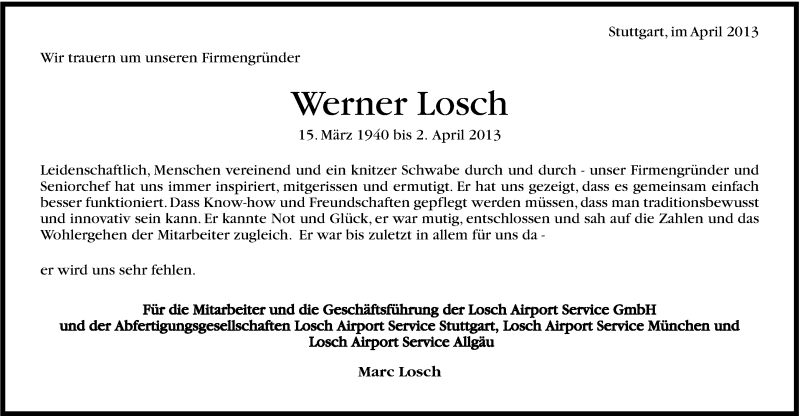  Traueranzeige für Werner Losch vom 06.04.2013 aus Stuttgarter Zeitung / Stuttgarter Nachrichten