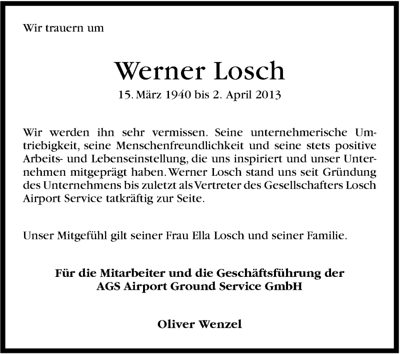  Traueranzeige für Werner Losch vom 06.04.2013 aus Stuttgarter Zeitung / Stuttgarter Nachrichten