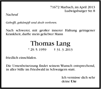 Traueranzeige von Thomas Lang von Marbacher Zeitung
