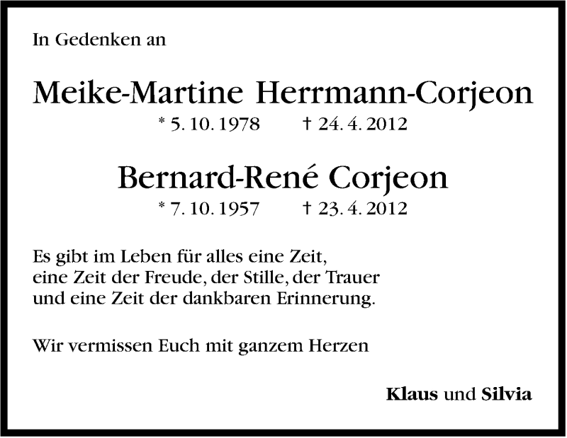  Traueranzeige für Meike-Martine und Bernard-René Corjeon vom 24.04.2013 aus Stuttgarter Zeitung / Stuttgarter Nachrichten
