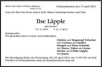 Traueranzeige von Ilse Läpple von Marbacher Zeitung
