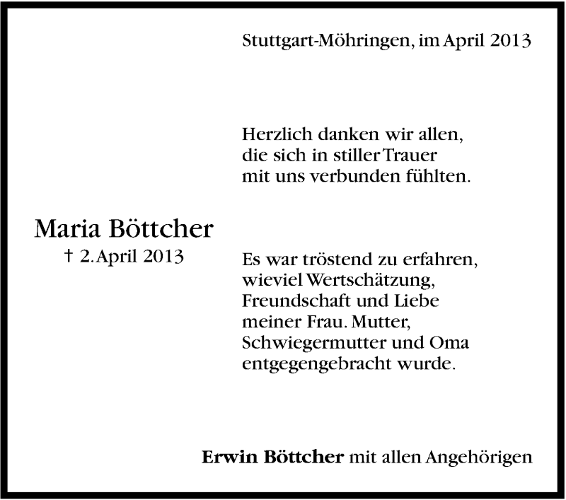  Traueranzeige für Maria Böttcher vom 19.04.2013 aus Stuttgarter Zeitung / Stuttgarter Nachrichten