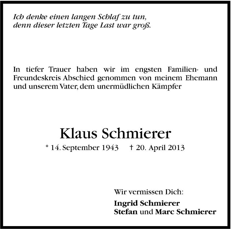  Traueranzeige für Klaus Schmierer vom 30.04.2013 aus Stuttgarter Zeitung / Stuttgarter Nachrichten