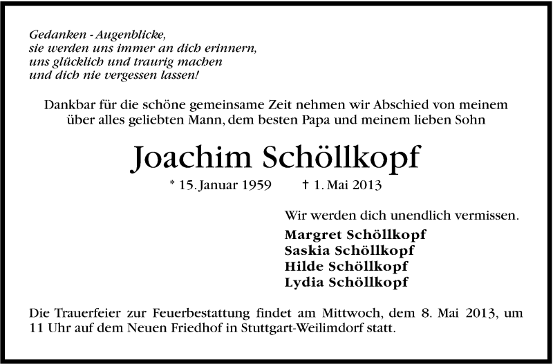  Traueranzeige für Joachim Schöllkopf vom 04.05.2013 aus Stuttgarter Zeitung / Stuttgarter Nachrichten
