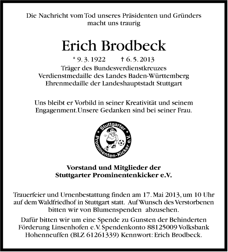  Traueranzeige für Erich Brodbeck vom 10.05.2013 aus Stuttgarter Zeitung / Stuttgarter Nachrichten