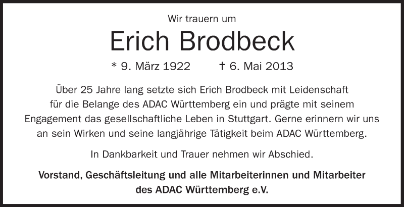  Traueranzeige für Erich Brodbeck vom 11.05.2013 aus Stuttgarter Zeitung / Stuttgarter Nachrichten