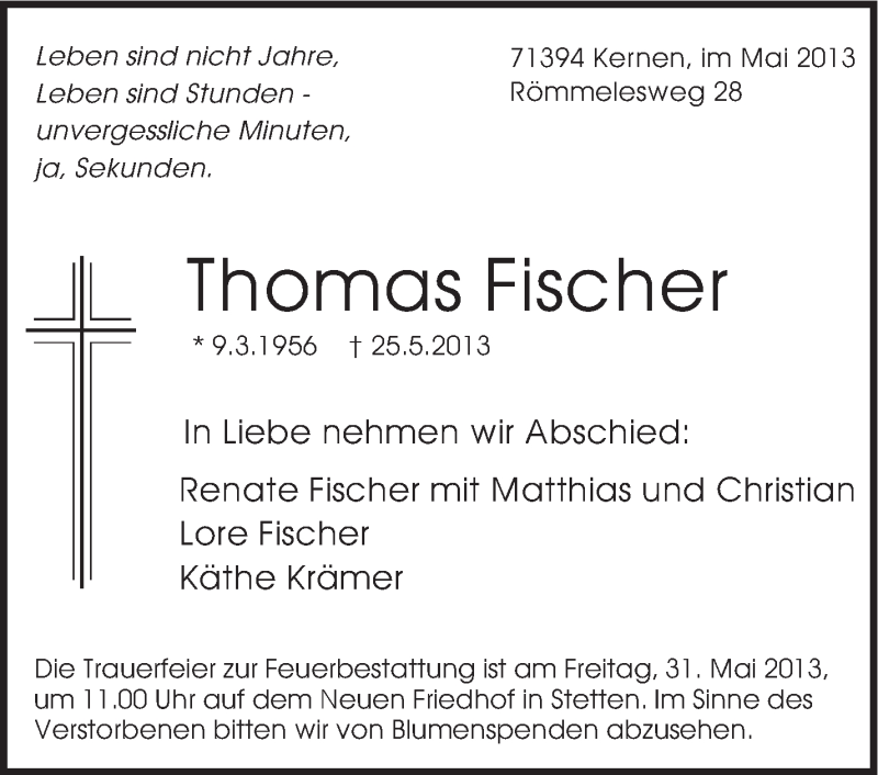  Traueranzeige für Thomas Fischer vom 27.05.2013 aus Stuttgarter Zeitung / Stuttgarter Nachrichten