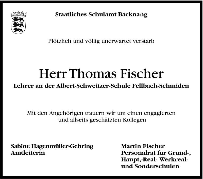  Traueranzeige für Thomas Fischer vom 29.05.2013 aus Stuttgarter Zeitung / Stuttgarter Nachrichten