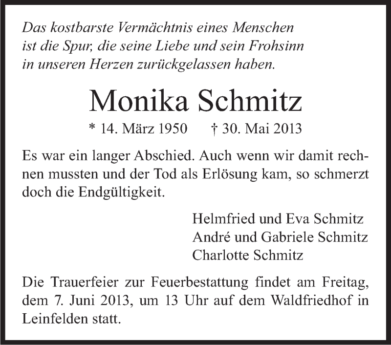  Traueranzeige für Monika Schmitz vom 01.06.2013 aus Stuttgarter Zeitung / Stuttgarter Nachrichten