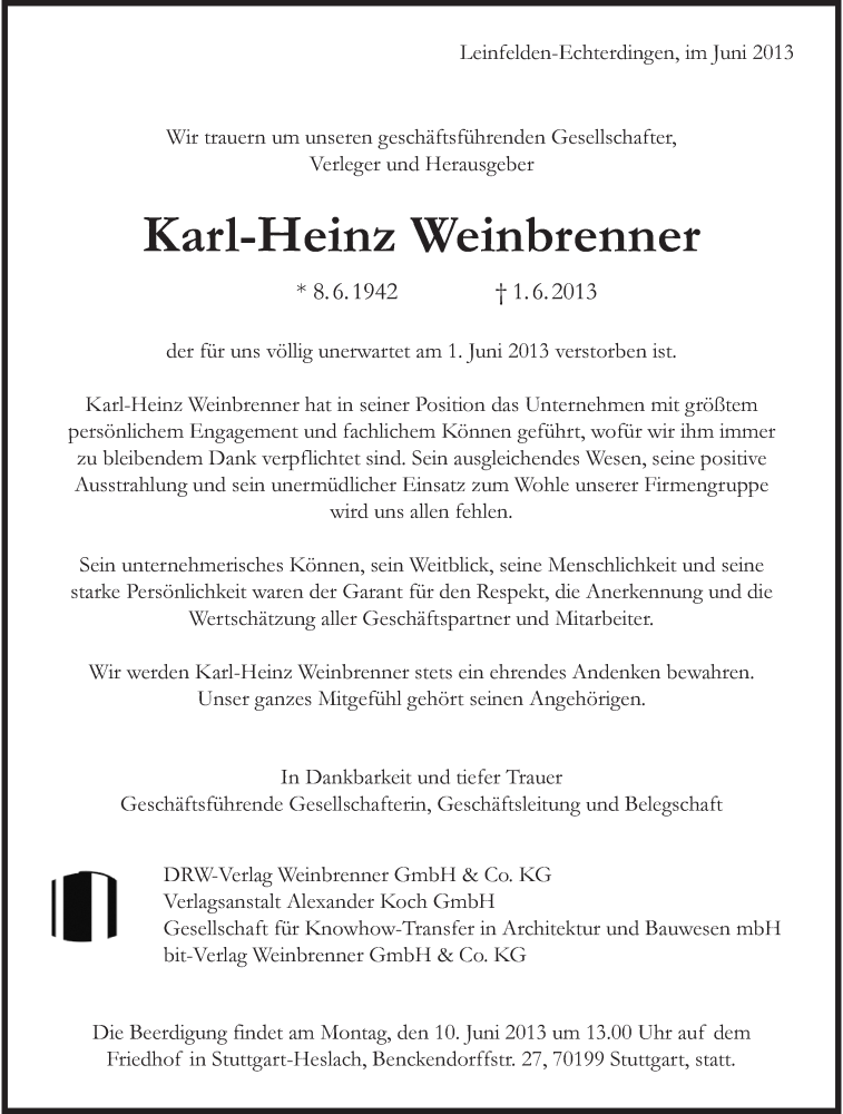  Traueranzeige für Karl-Heinz Weinbrenner vom 06.06.2013 aus Stuttgarter Zeitung / Stuttgarter Nachrichten