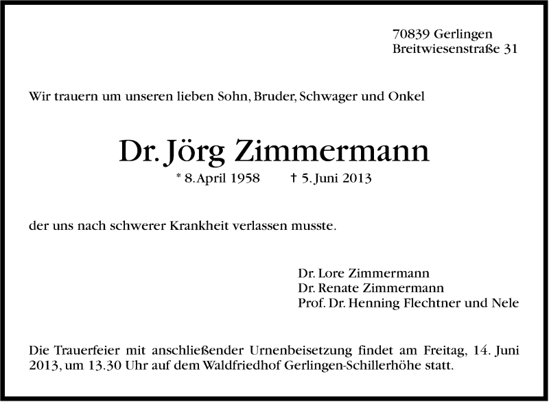  Traueranzeige für Jörg Zimmermann vom 08.06.2013 aus Stuttgarter Zeitung / Stuttgarter Nachrichten