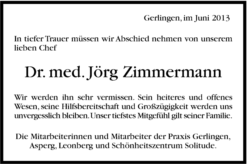  Traueranzeige für Jörg Zimmermann vom 12.06.2013 aus Stuttgarter Zeitung / Stuttgarter Nachrichten