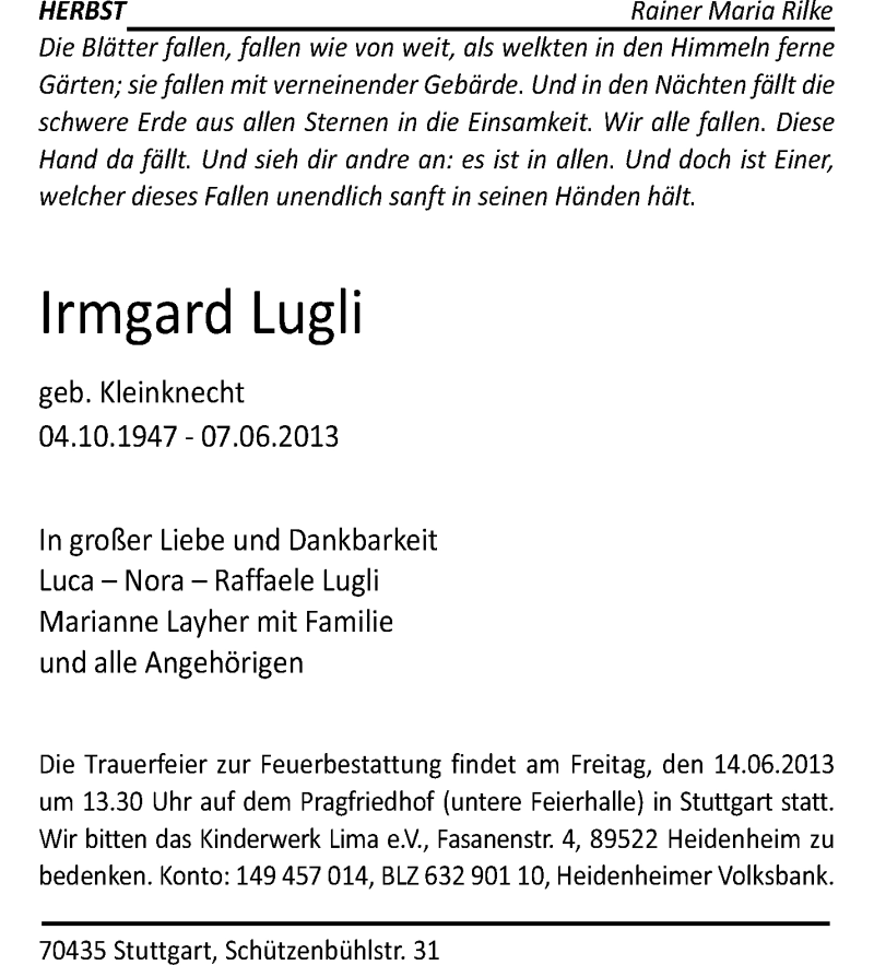  Traueranzeige für Irmgard Lugli vom 12.06.2013 aus Stuttgarter Zeitung / Stuttgarter Nachrichten