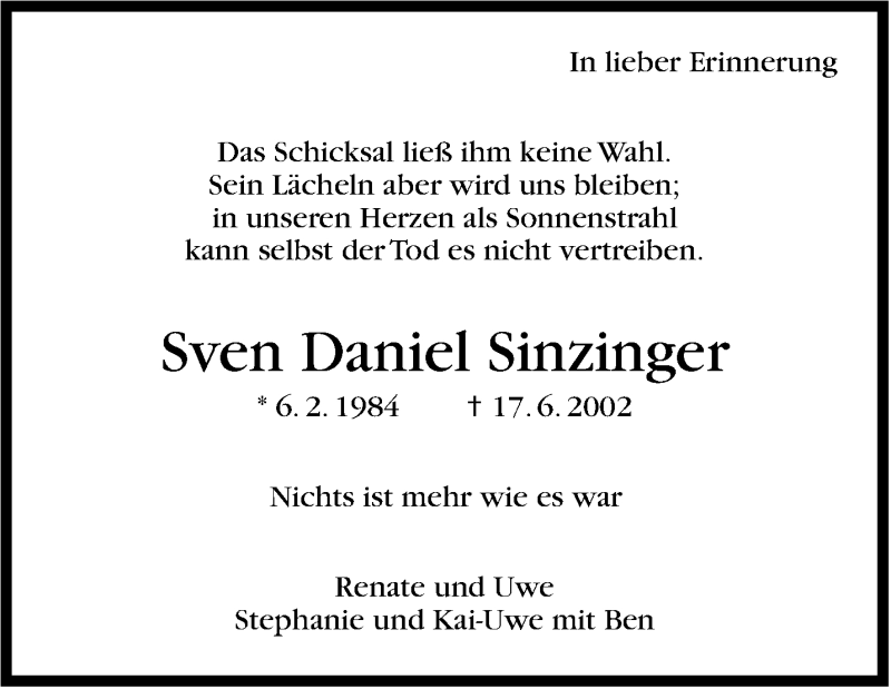  Traueranzeige für Sven Daniel Sinzinger vom 17.06.2013 aus Stuttgarter Zeitung / Stuttgarter Nachrichten