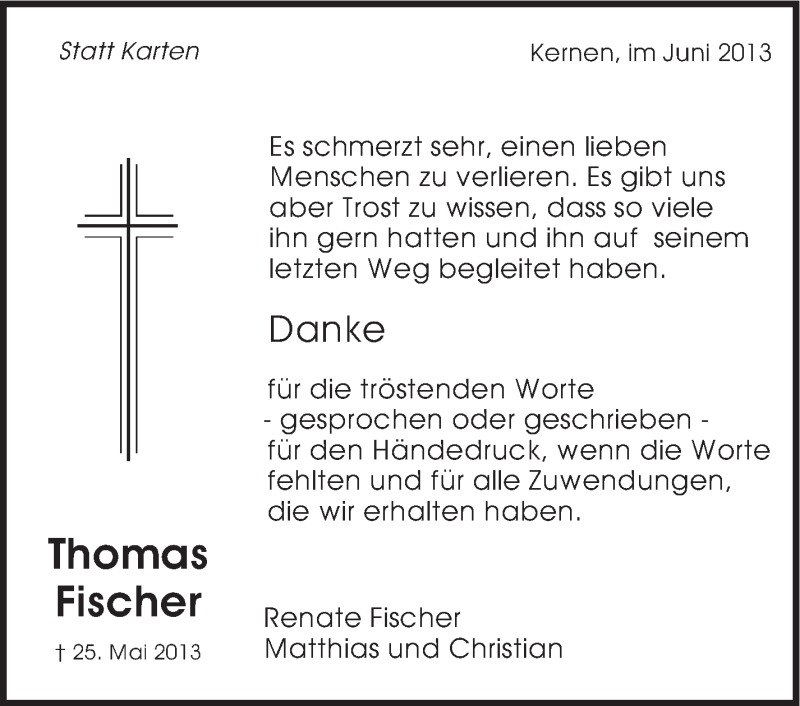  Traueranzeige für Thomas Fischer vom 19.06.2013 aus Stuttgarter Zeitung / Stuttgarter Nachrichten