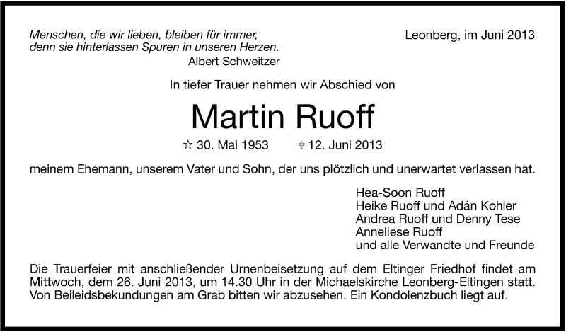  Traueranzeige für Martin Ruoff vom 21.06.2013 aus Stuttgarter Zeitung / Stuttgarter Nachrichten