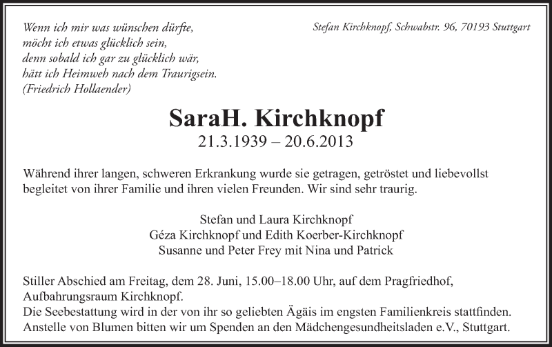  Traueranzeige für Sarah Kirchknopf vom 26.06.2013 aus Stuttgarter Zeitung / Stuttgarter Nachrichten